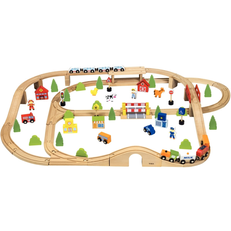 Grand circuit de train en bois, 90 pièces