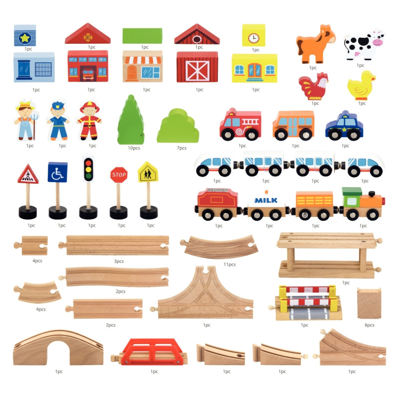 Grand circuit de train en bois, 90 pièces