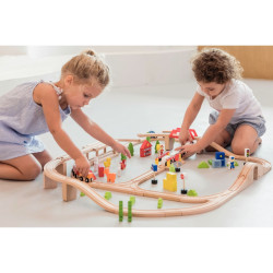 Grand circuit de train en bois, 90 pièces
