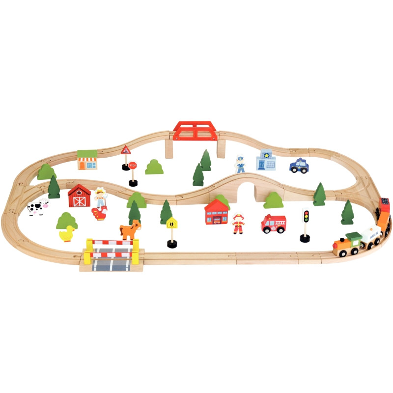 Grand circuit de train en bois, 90 pièces