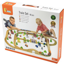 Grand circuit de train en bois, 90 pièces