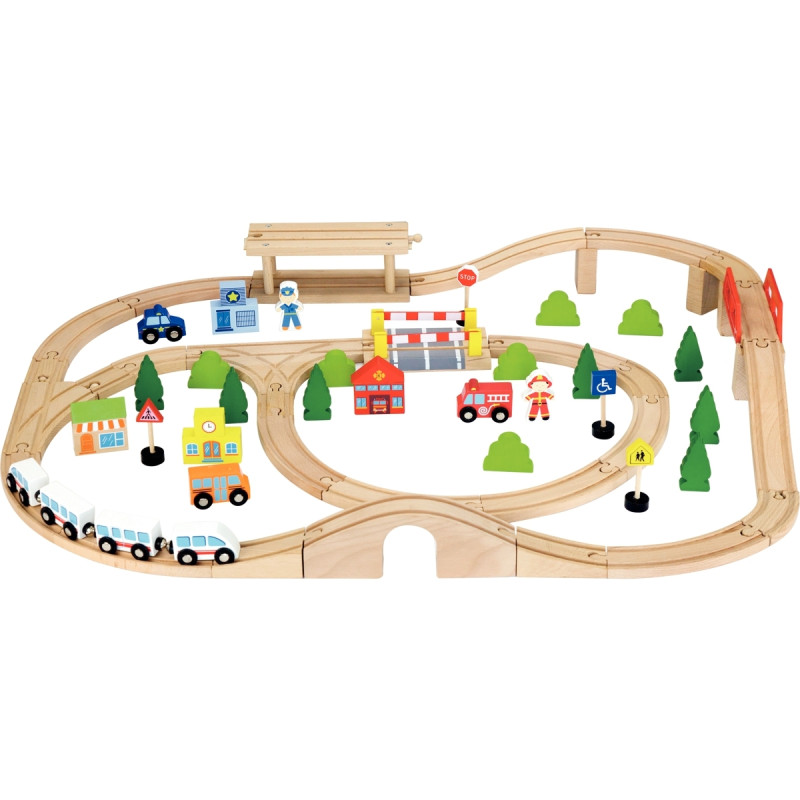 Grand circuit de train en bois, 90 pièces