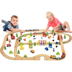 Grand circuit de train en bois, 90 pièces