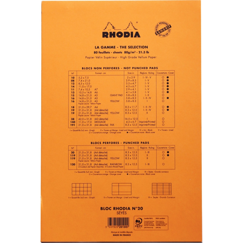 Bloc de bureau RHODIA 80 feuilles perforées, format A4+, réglure seyès