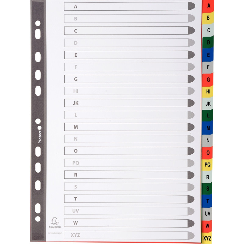 Jeu de 20 intercalaires alphabétiques en polypropylène coloré, format