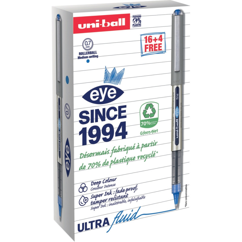 Boîte de 20 rollers UB157E pointe moyenne bleus dont 4 gratuits