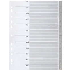 Jeu de 12 intercalaires mensuels en polypropylène gris, format A4