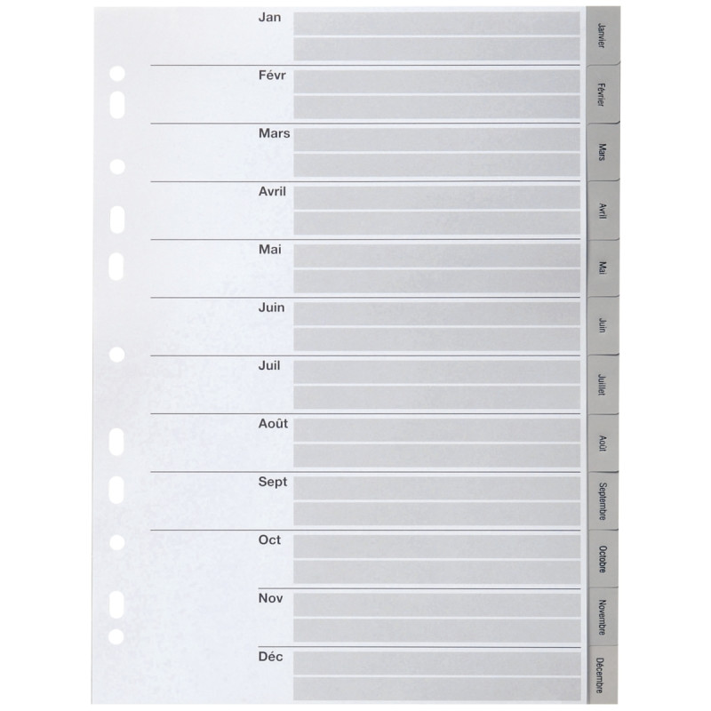 Jeu de 12 intercalaires mensuels en polypropylène gris, format A4