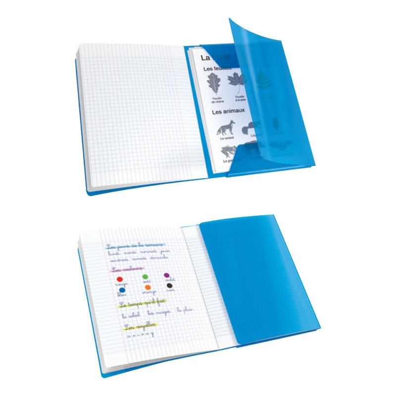 Piqûre 96 pages avec 2 rabats, format 24x32 cm, seyès 90g, couverture
