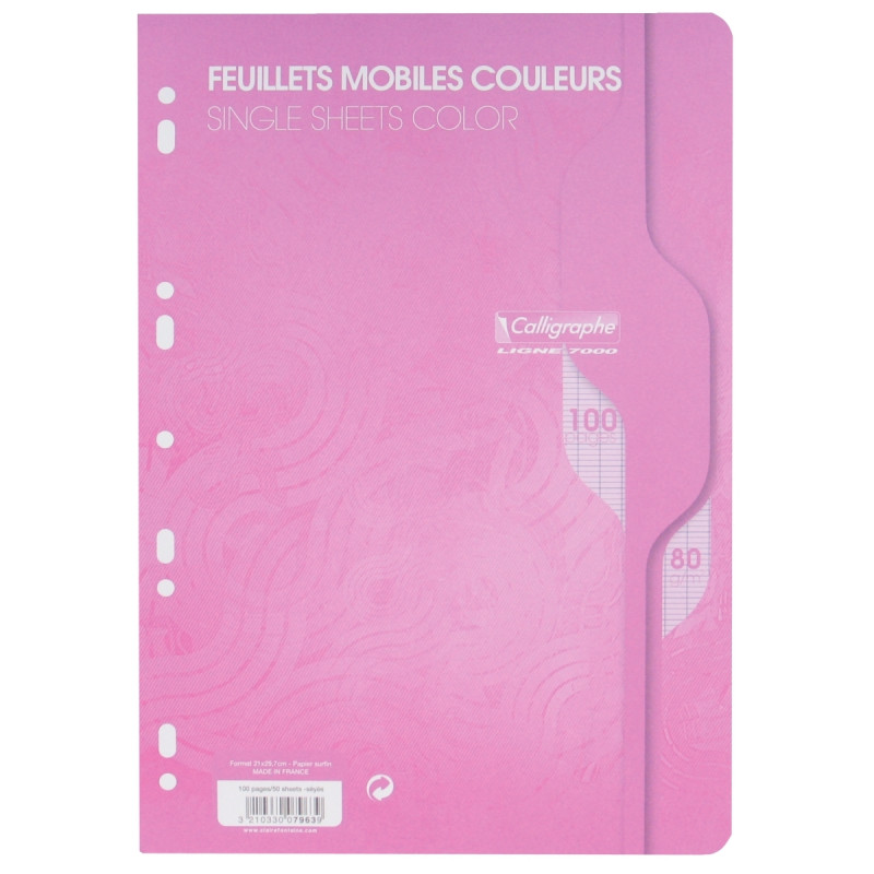 Feuillets mobiles 100 pages 80g, format A4, seyès rose