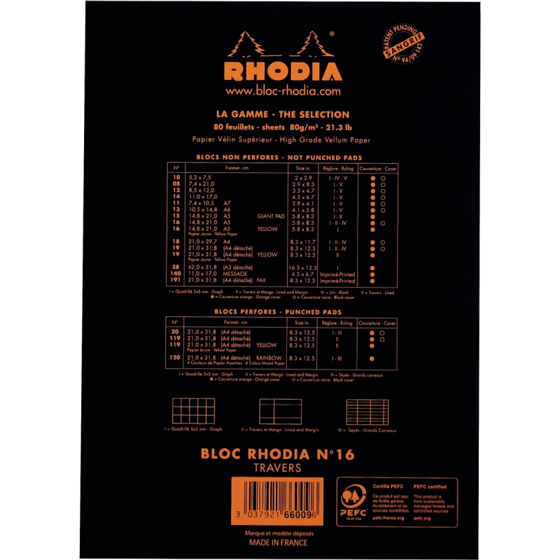 Bloc de bureau RHODIA BLACK 80 feuilles, format A5, ligné, papier blan