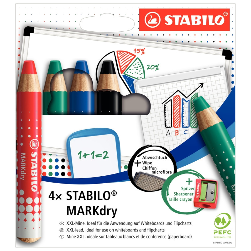 Étui de 4 crayons Markdry assortis + 1 chiffonnette + 1 taille-crayon