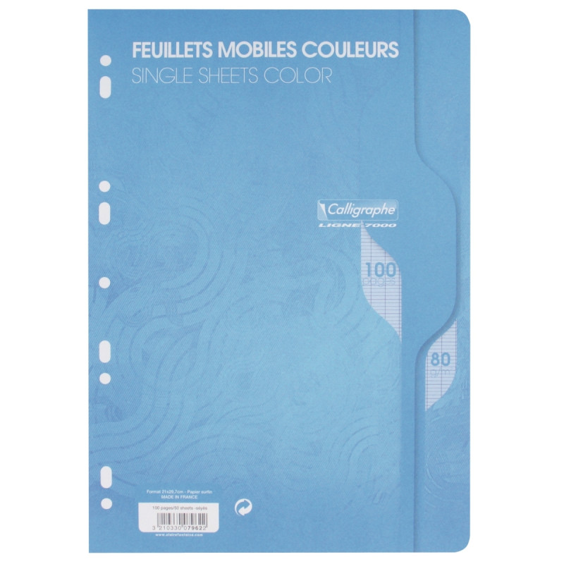 Feuillets mobiles 100 pages 80g, format A4, seyès bleu