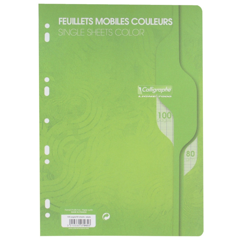 Feuillets mobiles 100 pages 80g, format A4, seyès vert