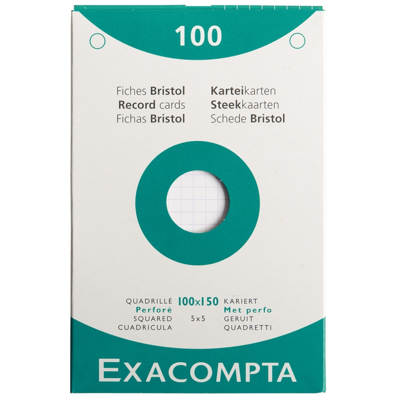 Etui de 100 fiches bristol perforées carte forte 205g blanc quadrillé