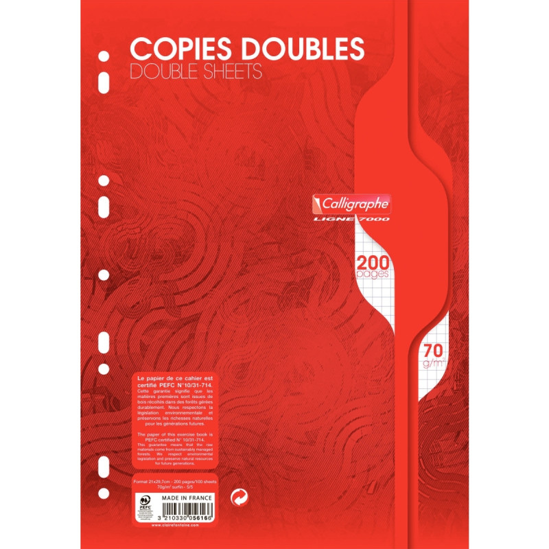 Copies doubles perforées 200 pages 70g, format A4, quadrillé 5x5 blanc