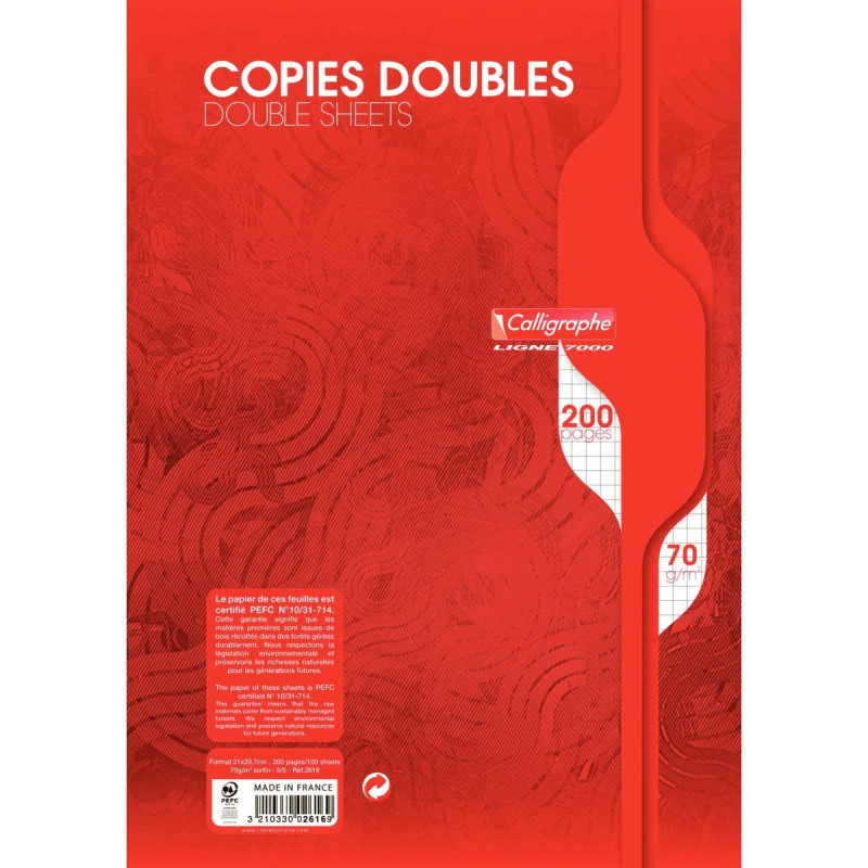 Copies doubles 200 pages non perforées 70g, format A4, quadrillé 5x5