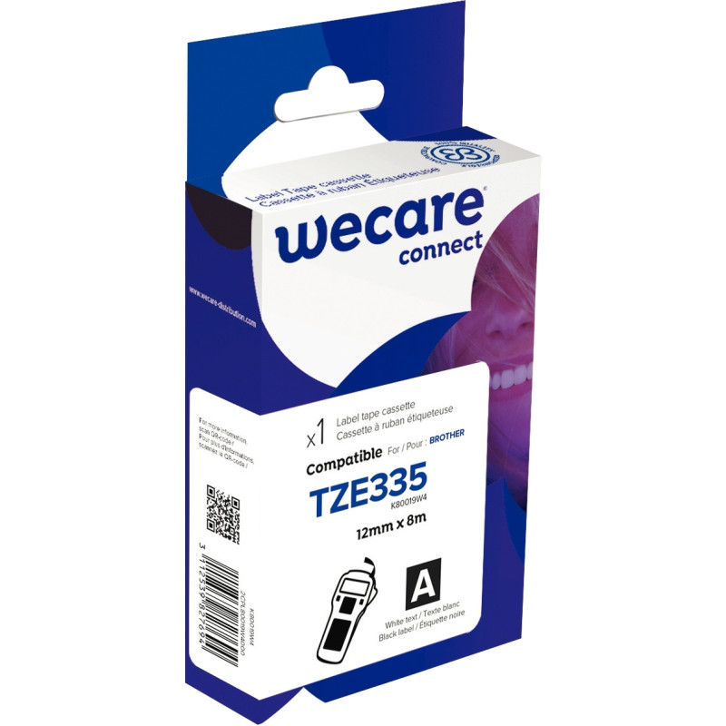 Ruban TZE 335 blanc sur noir 12 mm x 8 m compatible