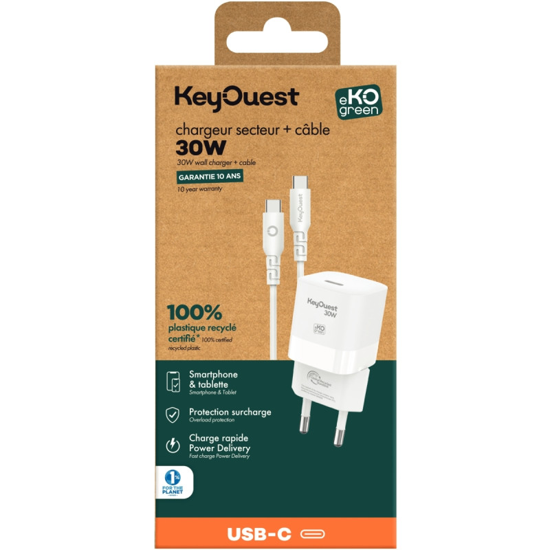Chargeur secteur avec cordon USB type C vers type C 30W