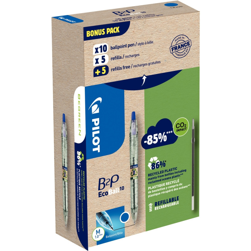 Greenpack de 10 stylos + 10 recharges Ecoball bleues