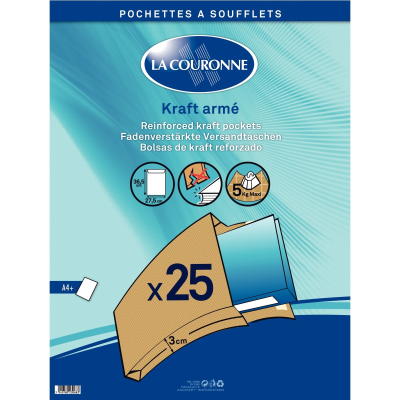 Paquet de 25 pochettes kraft armé 280x360mm 130g soufflet 30mm bande s
