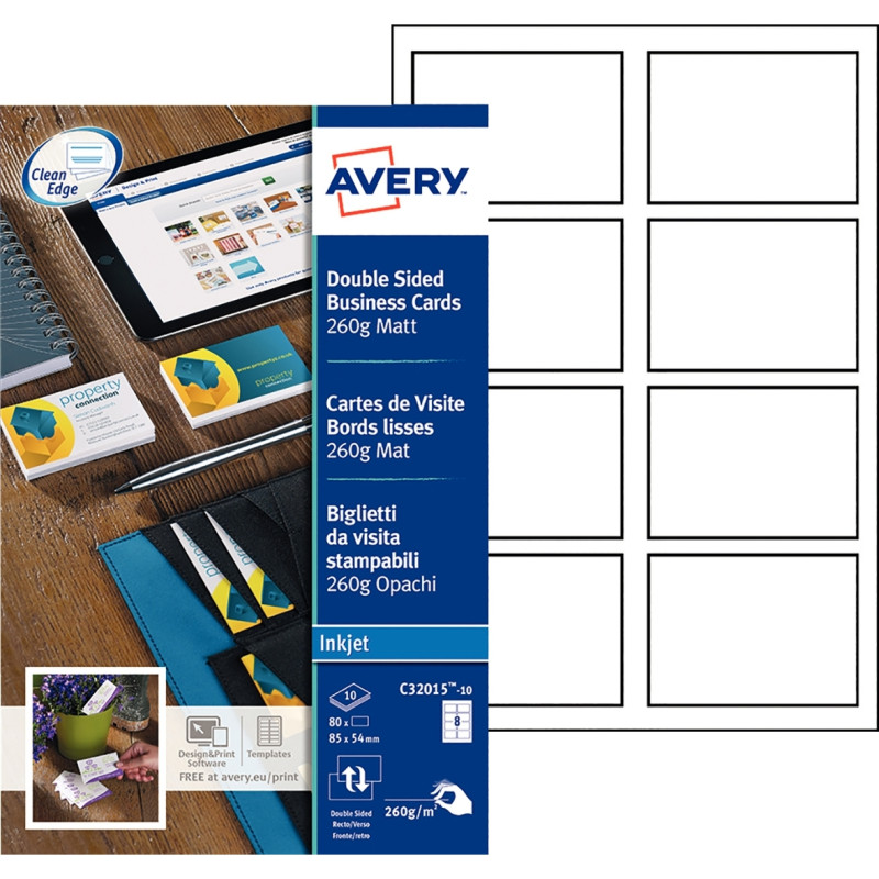 Paquet de 80 cartes de visite blanc mat 85x54mm 260g