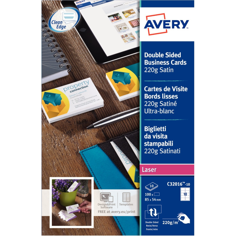 Paquet de 100 cartes de visites blanc satin 85x54mmm 220g