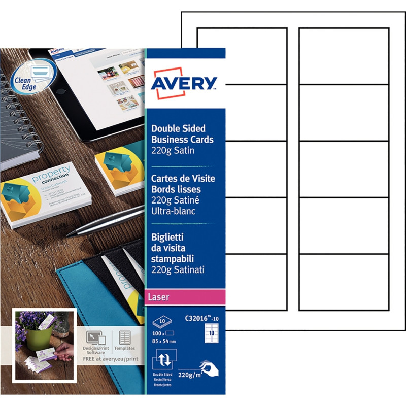 Paquet de 100 cartes de visites blanc satin 85x54mmm 220g
