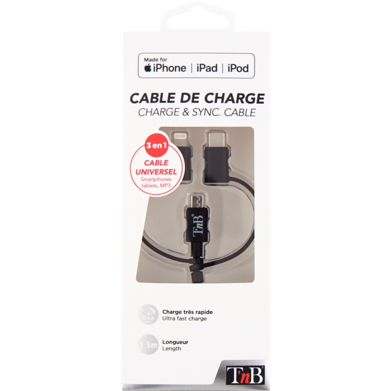 Cordon USB type A vers type C ou micro USB B ou Lightning