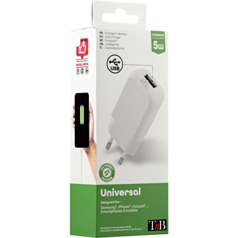 Chargeur secteur 1 port USB-A 5W blanc