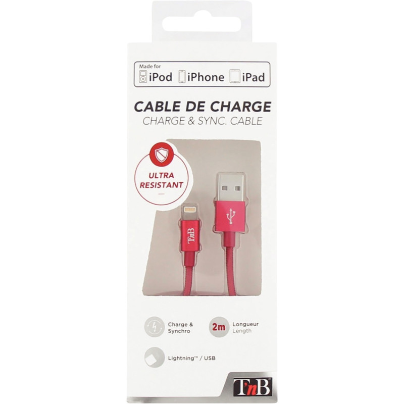 Cordon USB type A vers type Lightning 2m rouge