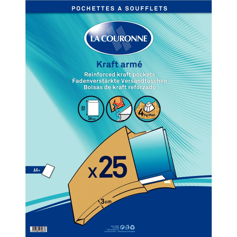Paquet de 25 pochettes kraft armé 260x330mm soufflet 30mm bande silico