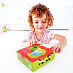 Boite de 9 cubes puzzles en bois, les animaux de la ferme