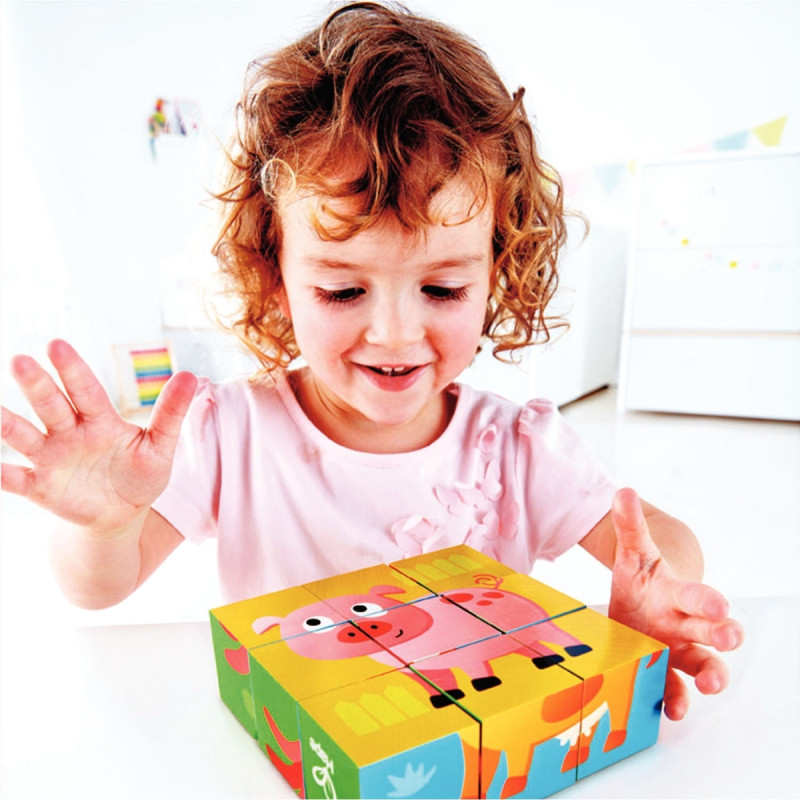 Boite de 9 cubes puzzles en bois, les animaux de la ferme
