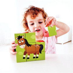 Boite de 9 cubes puzzles en bois, les animaux de la ferme