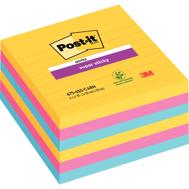 Lot de 6 blocs Notes Super Sticky de 90 feuilles lignées, format 101 x