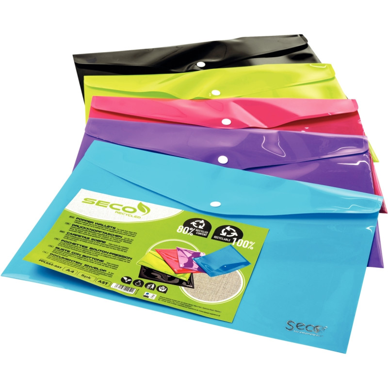 Paquet de 5 enveloppes avec bouton pression en polypropylène 80% recyc