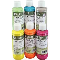 Lot de 6 flacons 250 ml de peinture acrylique O'COLOR, couleurs nacrée