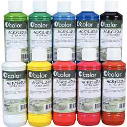 Lot de 10 flacons 250 ml de peinture acrylique O'COLOR, couleurs assor