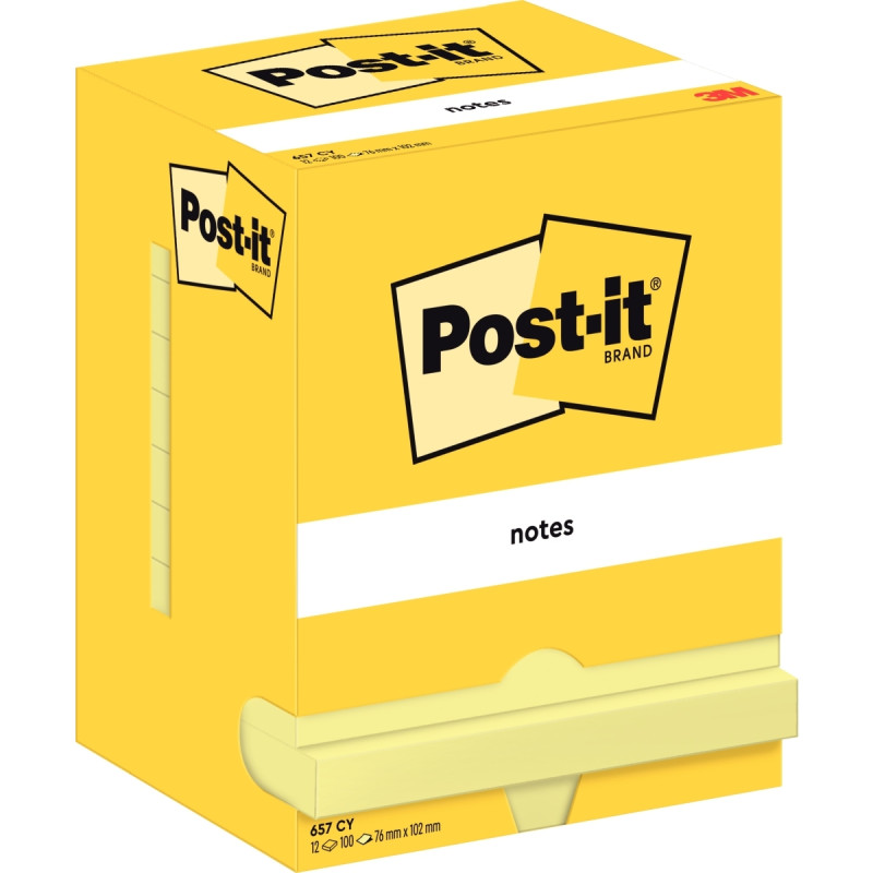 Lot de 12 blocs de 100 feuilles post-it notes 76 x 102 mm coloris jaun