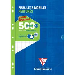 Feuillets mobiles 500 pages 90g, format A4, quadrillé 5x5 blanc