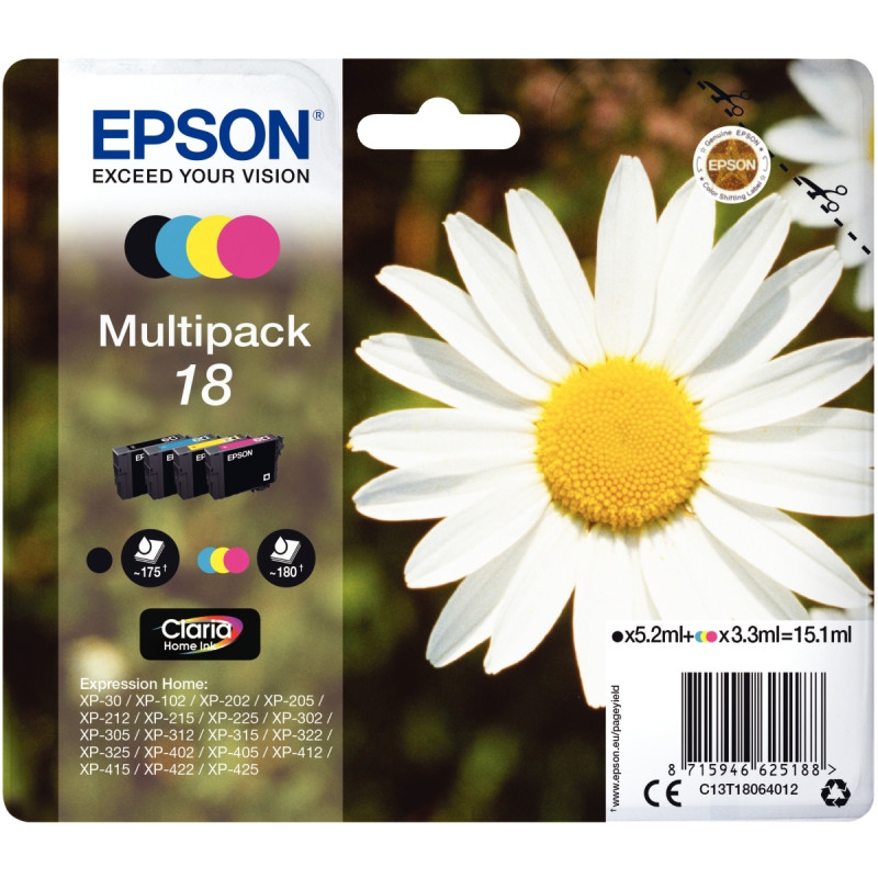 Epson PAQUERETTE / 18 lot 4 cartouches jet d'encre noire, cyan, magent