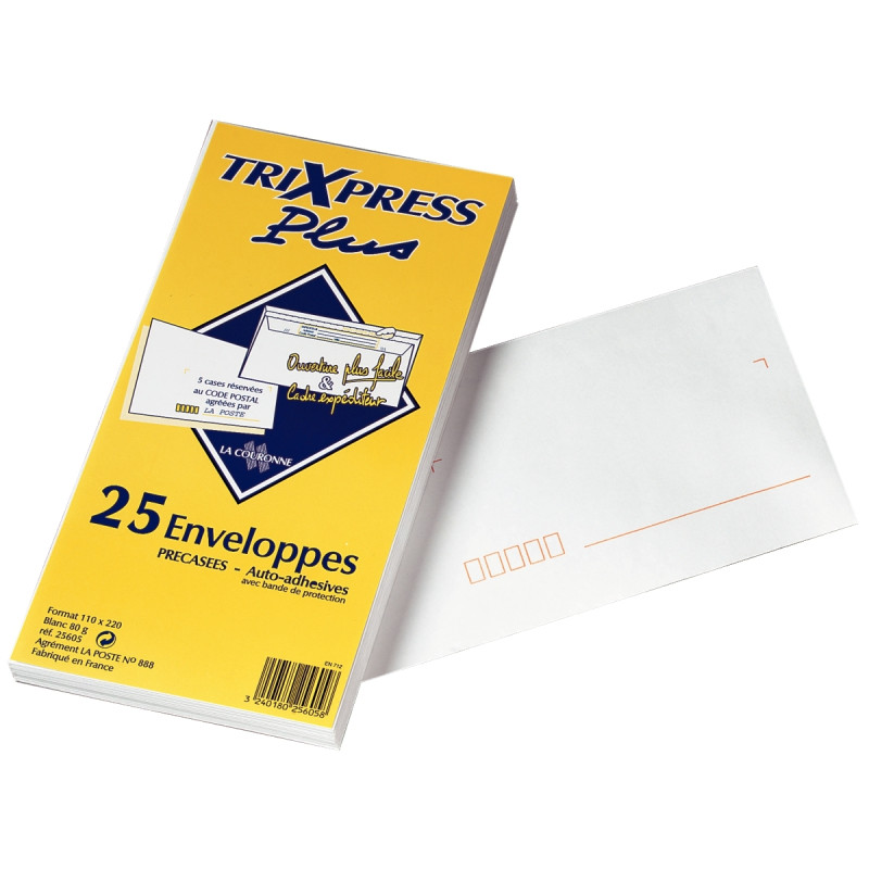 Paquet de 25 enveloppes blanches 110x220mm 80g bande siliconée précasé