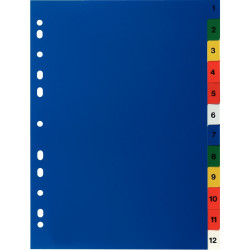 Jeu de 12 intercalaires numériques en polypropylène coloré, format A4