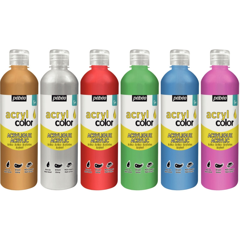 Carton de 6 flacons 500 ml de peinture ACRYLCOLOR couleurs métalliques