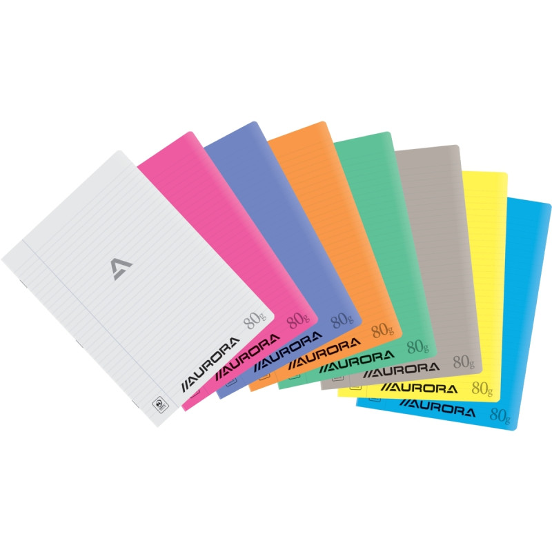 Cahier piqué AURORA 72 pages 80g, format A4 ligné 8mm, couverture PP c