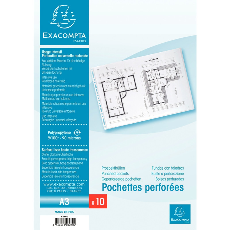Sachet de 10 pochettes perforées pour format A3 en polypropylène 9/100