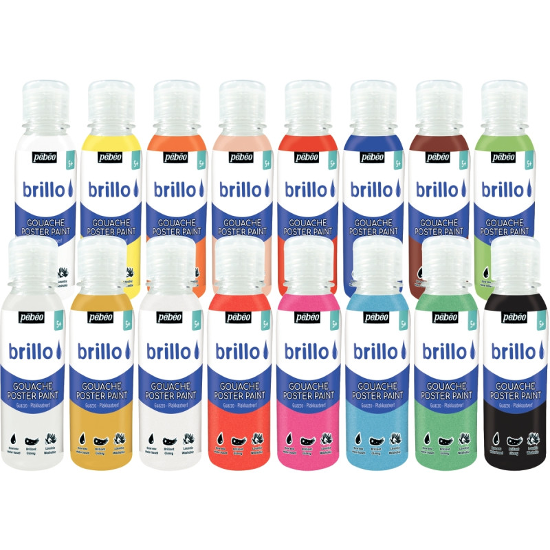 Carton de 16 Flacons de 150 ml de gouache brillante BRILLO couleurs as