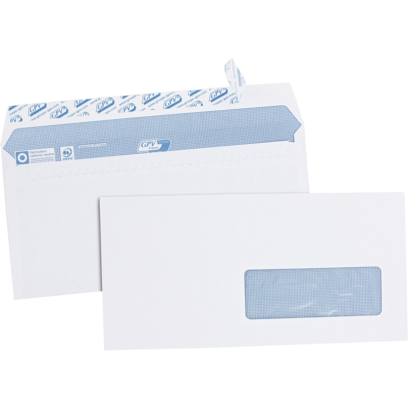 Boite de 500 enveloppes blanches 110x220mm 90g bande siliconée fenêtre