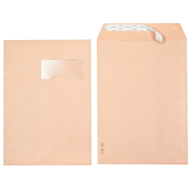 Boite de 250 pochettes kraft 229x324mm 90g bande siliconée fenêtre 50x